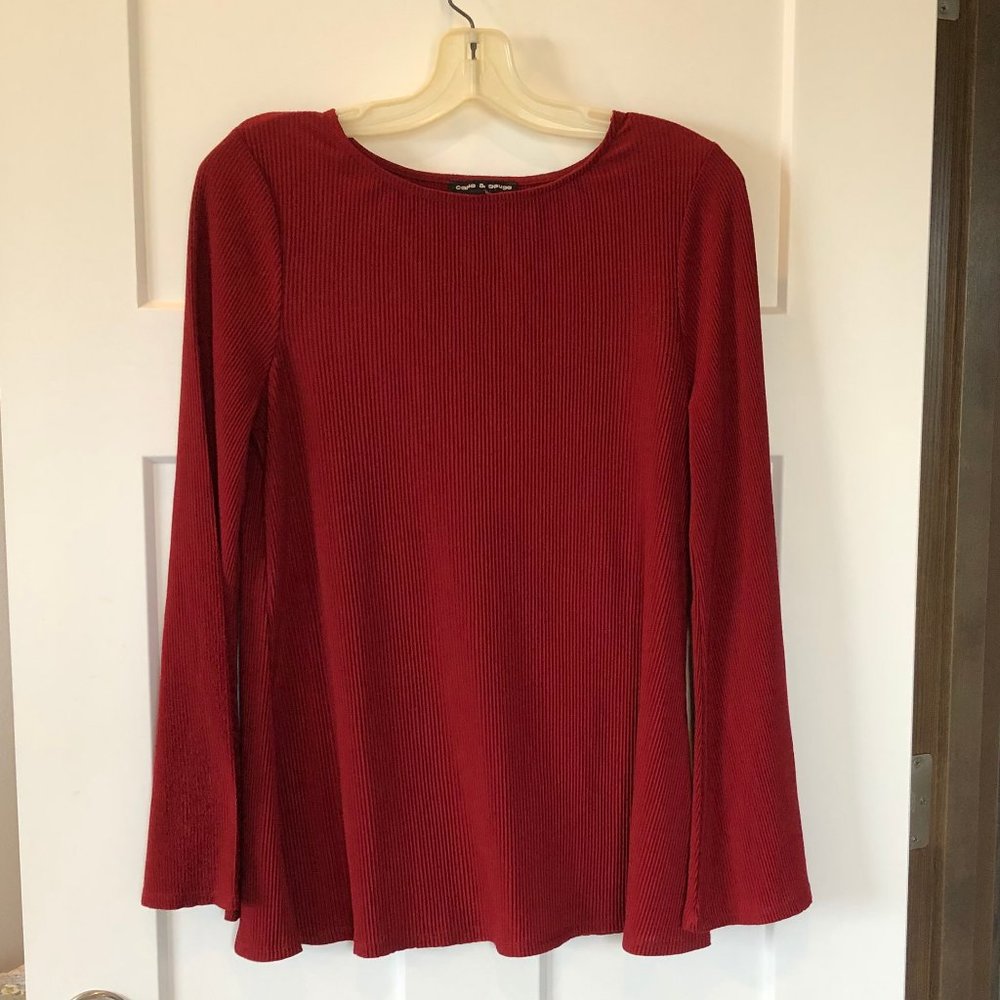 Cable & Gauge Bell Sleeve Top, Red, Size M